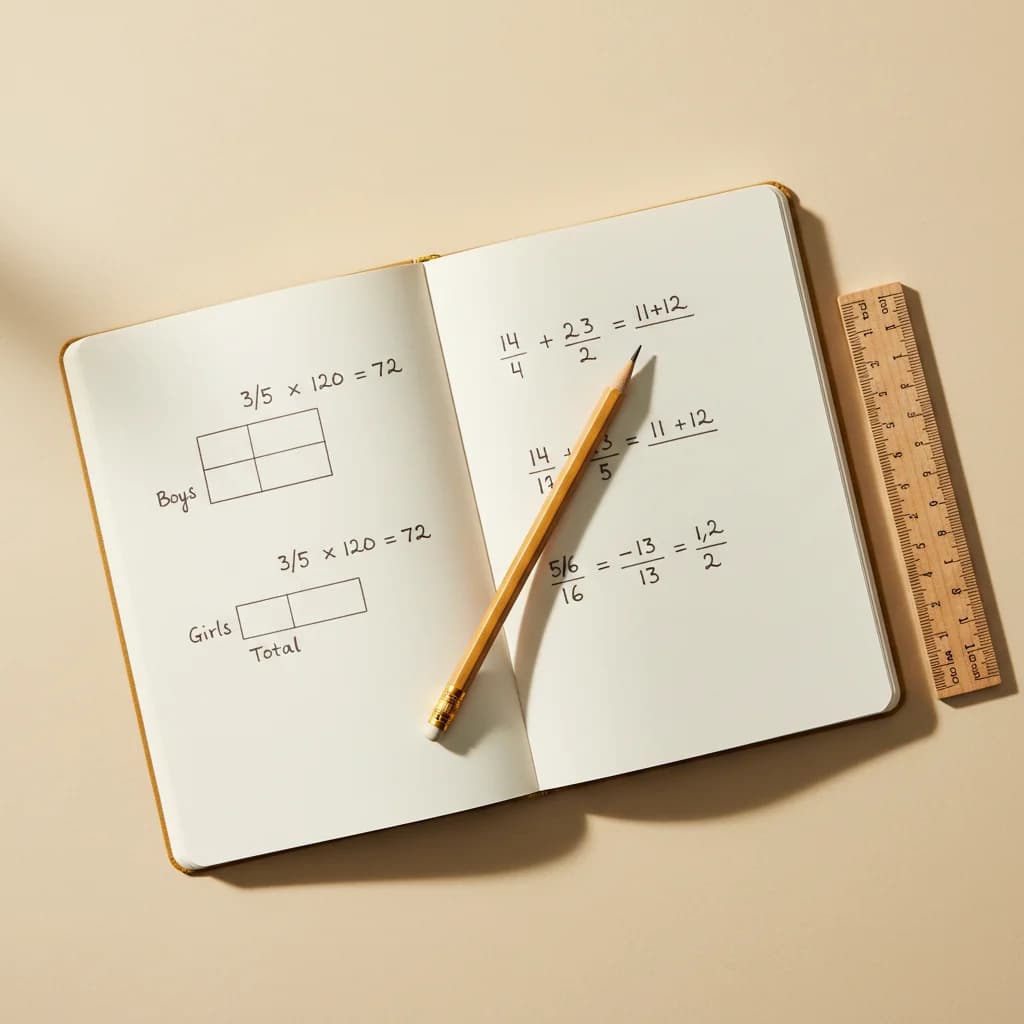 Open exercise book showing Singapore Primary Math bar model workings in dark ink, with a pencil and wooden ruler on cream parchment paper