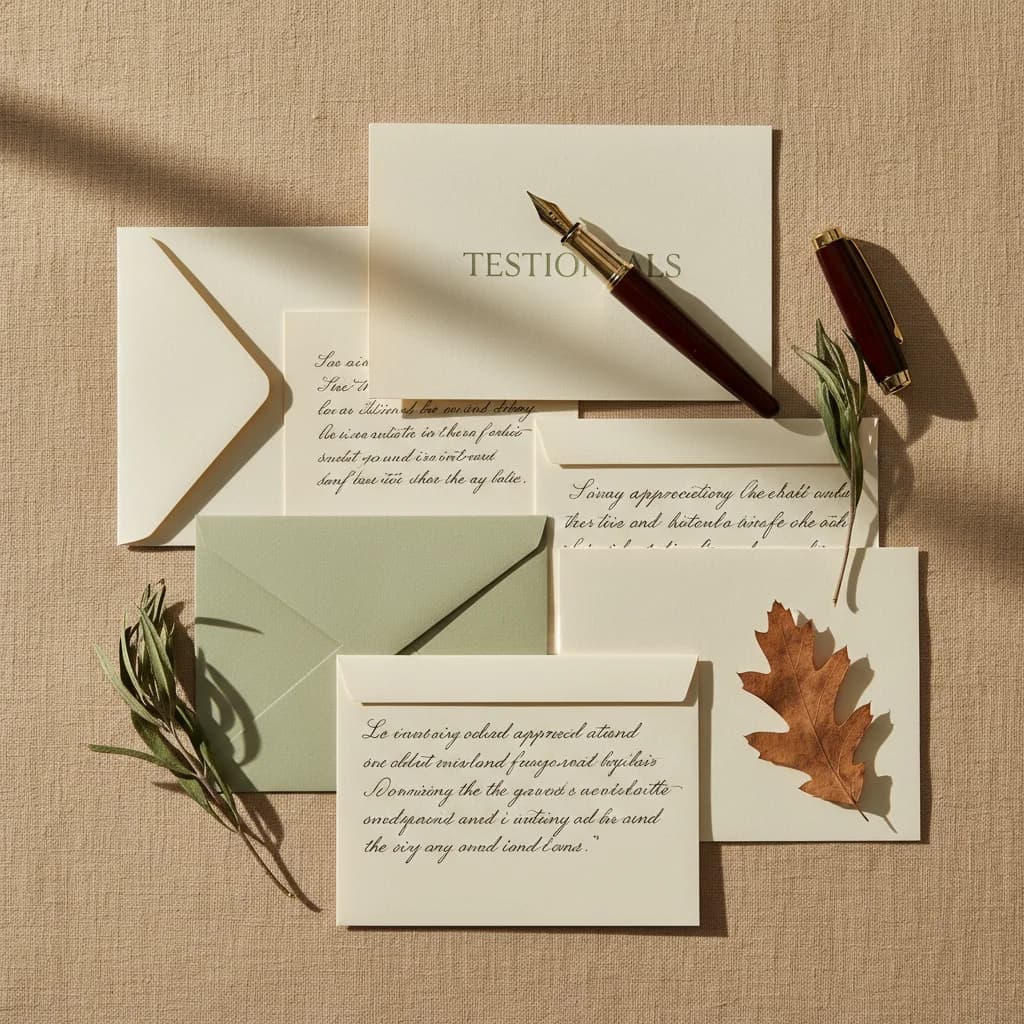 Collection of handwritten letters and notecards on warm linen, with a fountain pen and dried botanical sprigs