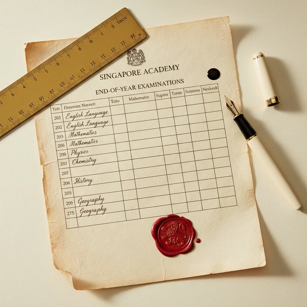Official-looking examination timetable document on aged cream parchment with handwritten dates and subjects, fountain pen and wax seal